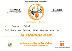 Médaille d’Or AOC Huile d’Olive de Provence Olives Maturées 2013