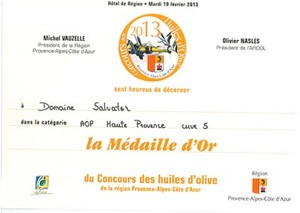 Médaille d’Or  AOP Huile d’Olive de Haute Provence 2013